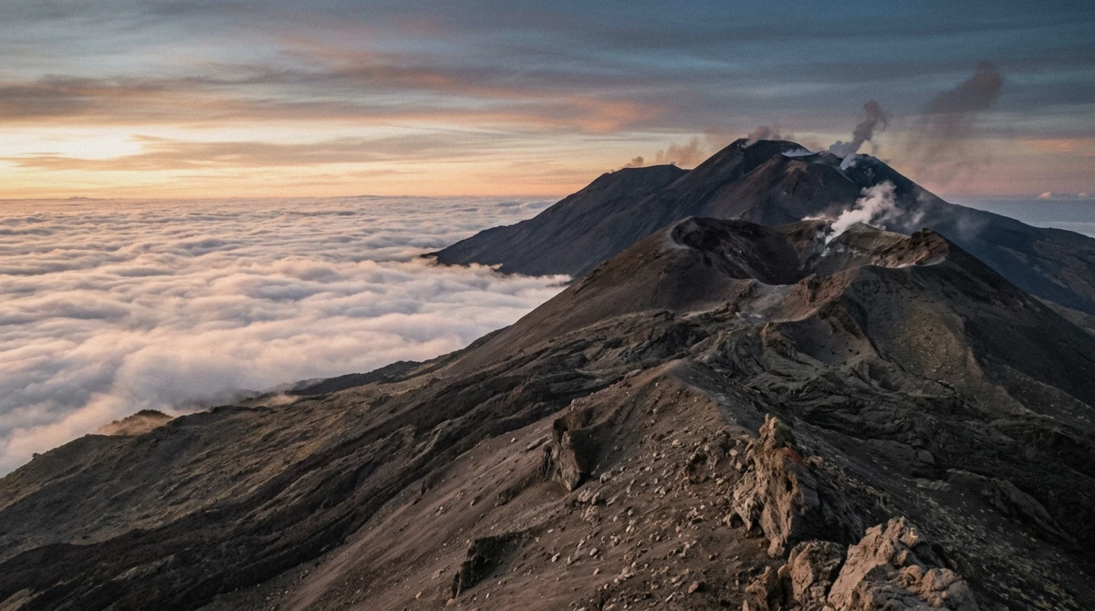 The summit craters of Mount Etna at first light seen from the upper slopes on a clear Sicily morning