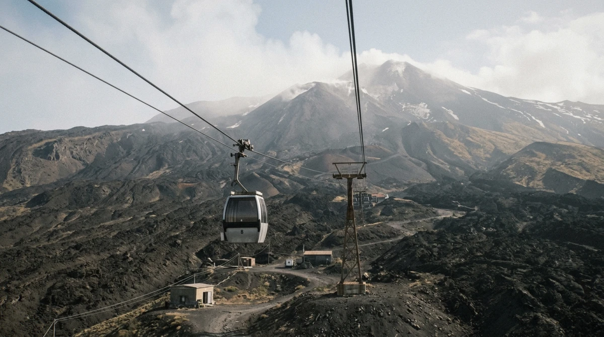 A cable car cabin rising over dark lava slopes toward the Mount Etna summit zone in Sicily