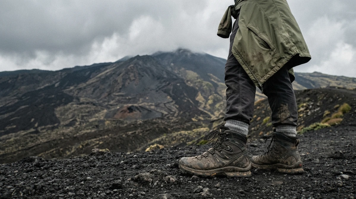 Hiking boots on volcanic gravel with a windproof jacket tied at the waist on Mount Etna, Sicily