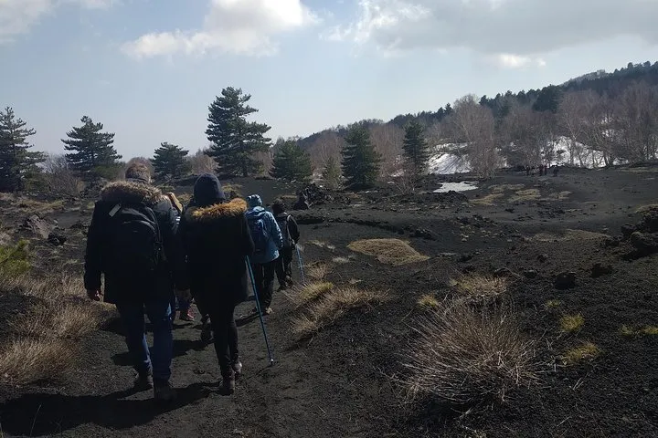Small group of hikers walking across black volcanic terrain past a crater on a half-day Mount Etna tour from Taormina, Sicily