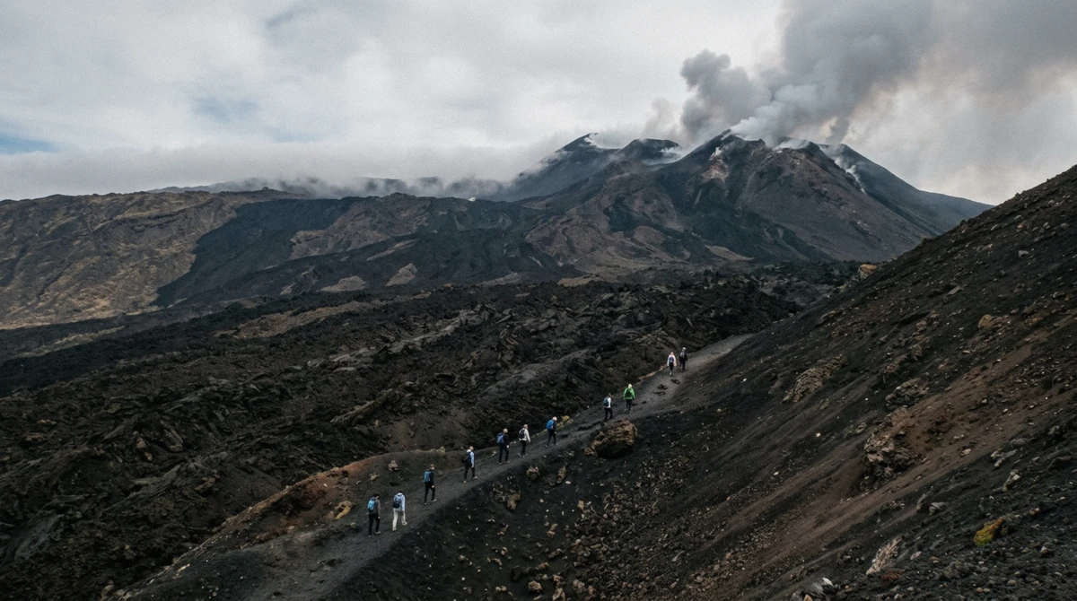 Trekkers climbing a black lava field toward the smoking summit craters of Mount Etna on a guided summit hike from Catania, Sicily